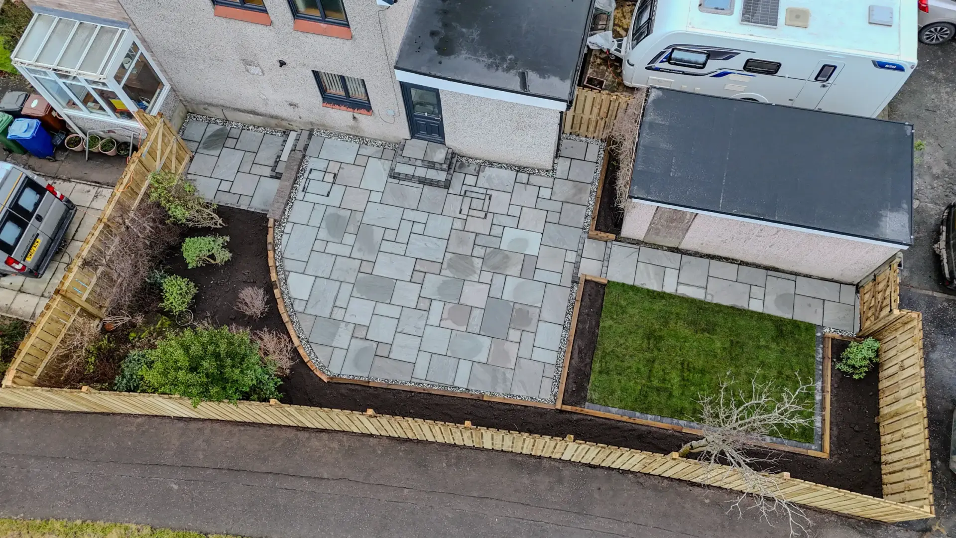 Drone shot of landscaped garden