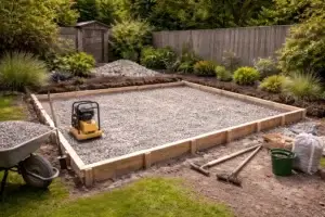Garden room base preparation with compacted hardcore and timber shuttering in a residential garden