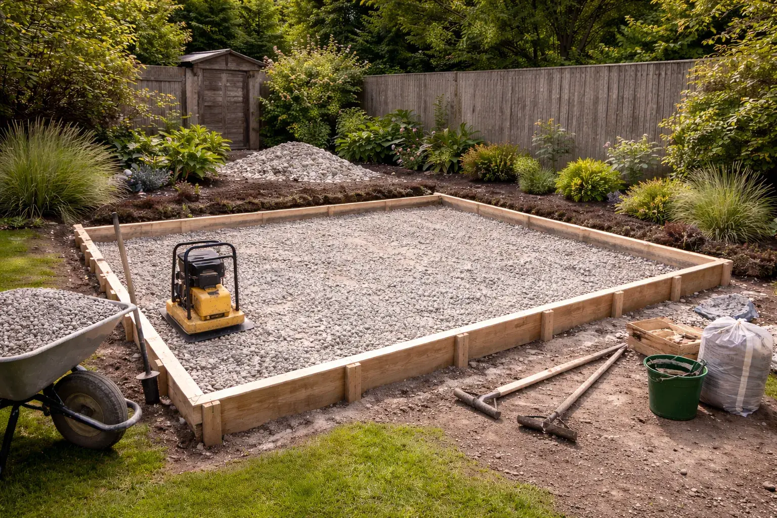 Garden room base preparation with compacted hardcore and timber shuttering in a residential garden