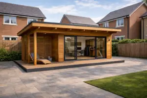 Modern timber garden room with patio in a residential garden in Midlothian